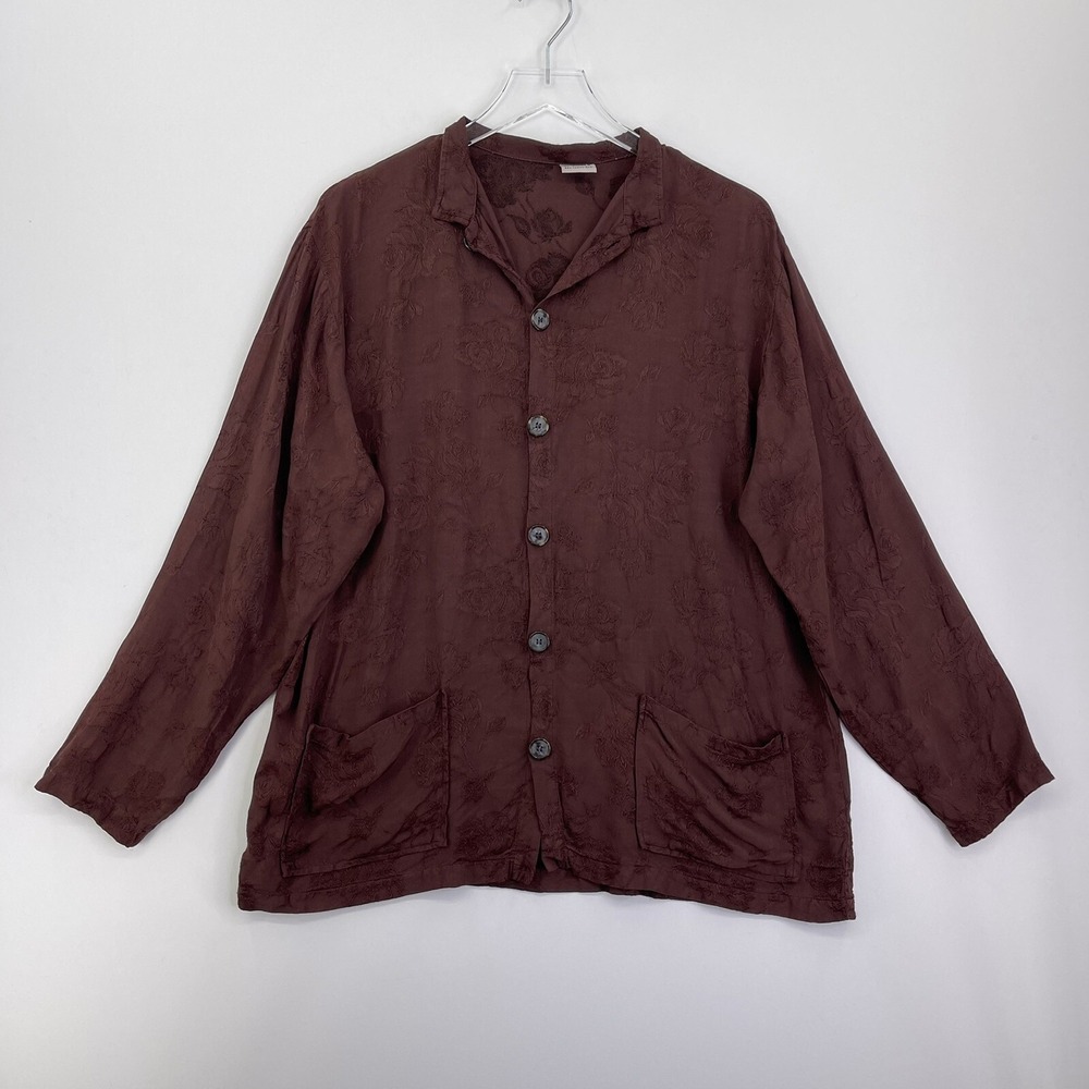 CP Shades Womens Small Brown Floral Embroidered Rayon Button Up Tunic Blouse